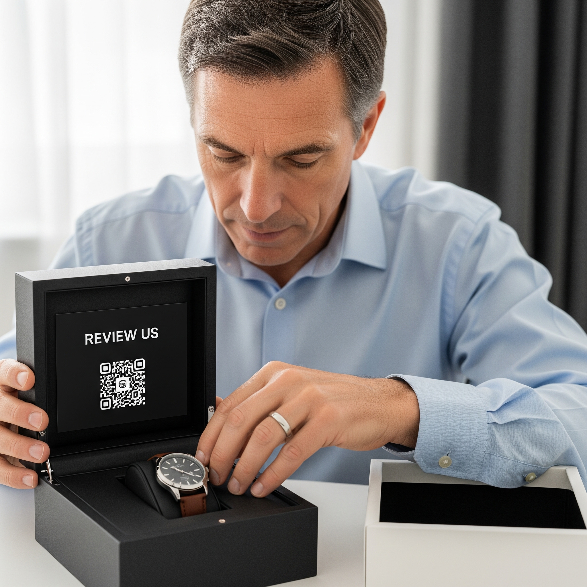 Review QR card and watch box